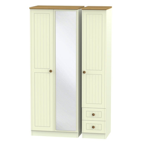 Cottage Tall 3 Door 2 Small Drawers Mirrored Wardrobe
